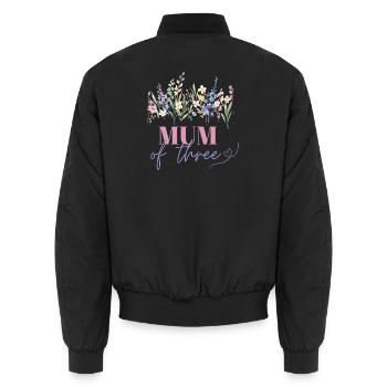 Mum of three - Unisex Bomber Jacket - black - Back - AI Model Male 185 light (185cm)