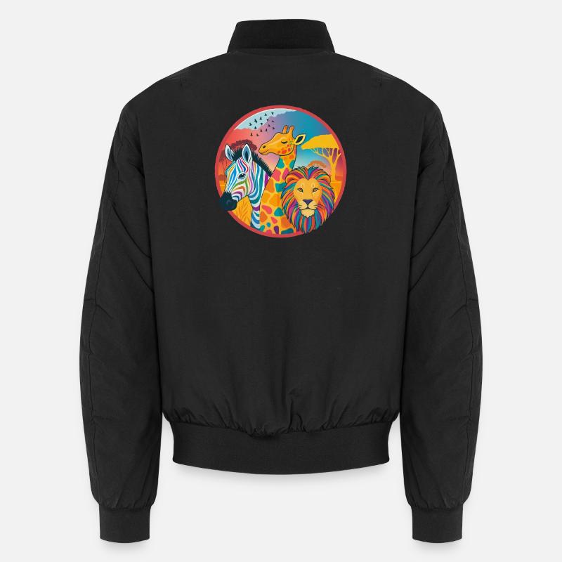 Farbenfrohes Savannen-Trio: Zebra, Giraffe, Löwe Unisex Bomberjacke