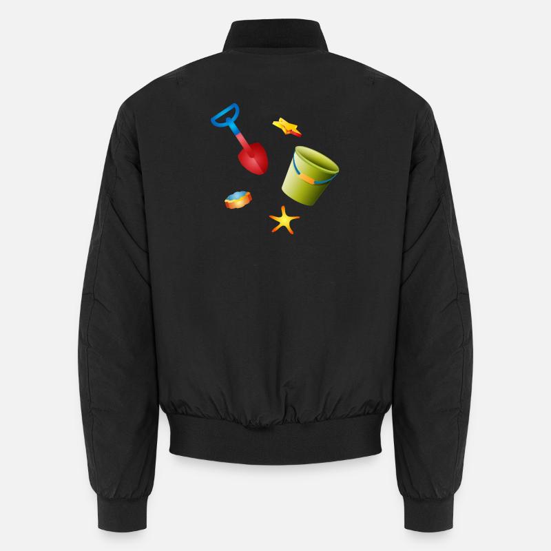 Bunte Schaufel und Eimer mit Förmchen am Strand Unisex Bomberjacke