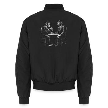 monkey plays chess with homo erectus. Funny design - Unisex Bomber Jacket - black - Back - AI Model Male 185 light (185cm)