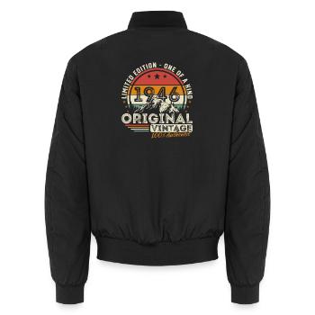 80 Years 1946 Vintage Retro Anniversary - Unisex Bomber Jacket - black - Back - AI Model Male 185 light (185cm)