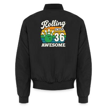 Retro Bowling 36th Birthday Graphic - Unisex Bomber Jacket - black - Back - AI Model Male 185 light (185cm)