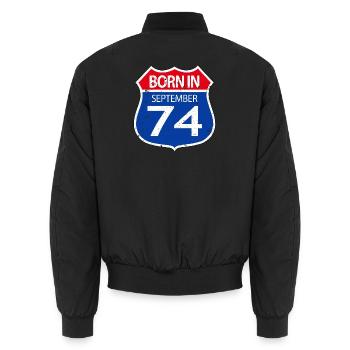 Born_in_September_74 - Unisex Bomber Jacket - black - Back - AI Model Male 185 light (185cm)