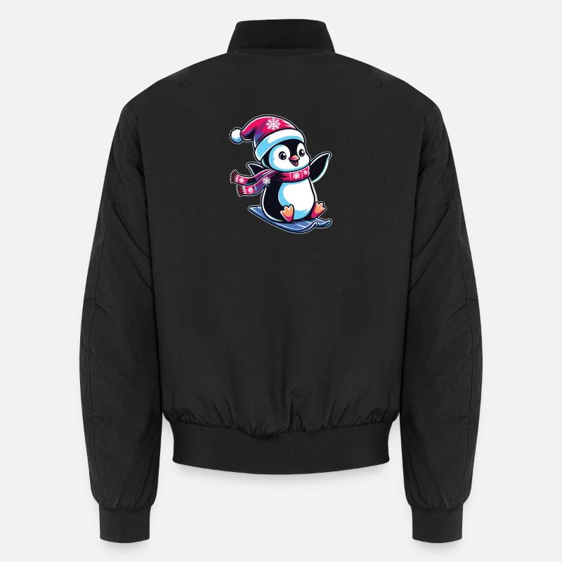 Penguin Christmas Skiing Running Penguins - Unisex Bomber Jacket - black