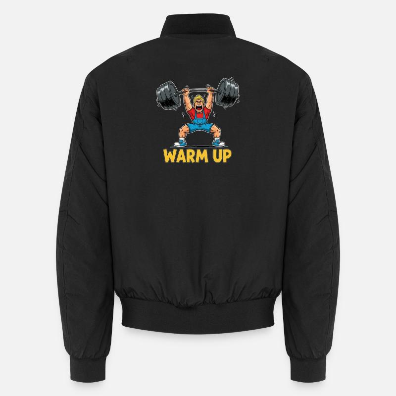 Powerful weightlifter with warm-up text Unisex Bomber Jacket