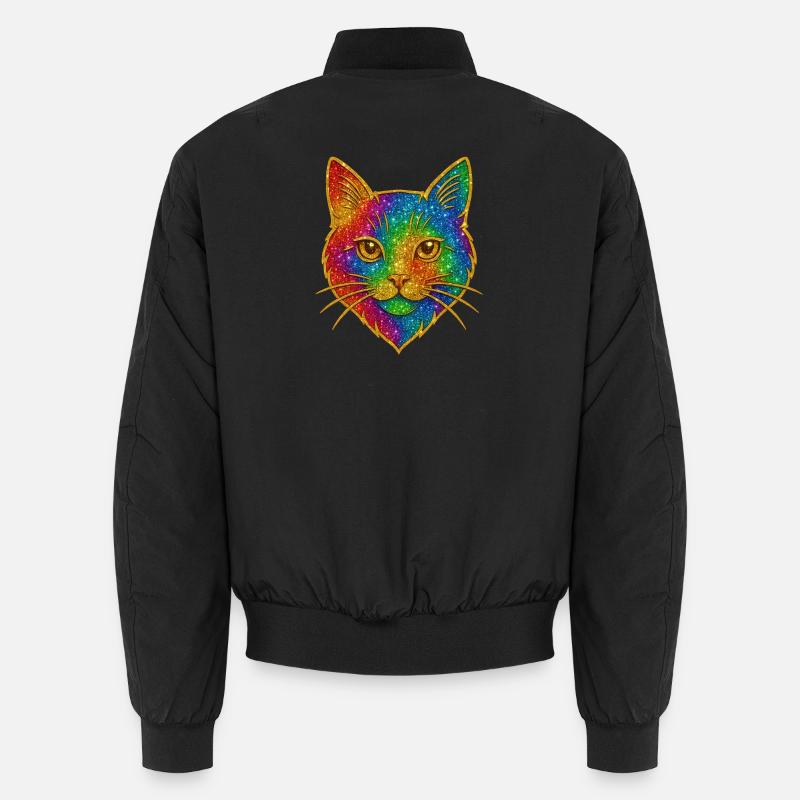 Rainbow Glitter Cat Gold Rim - Unisex Bomber Jacket - black