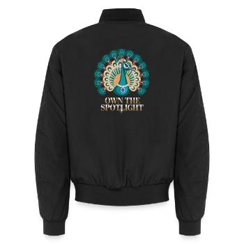  Pfauenmotiv: Own The Spotlight mit Eleganz und - Unisex Bomberjacke - Schwarz - Hinten - AI Model Male 185 light (185cm)