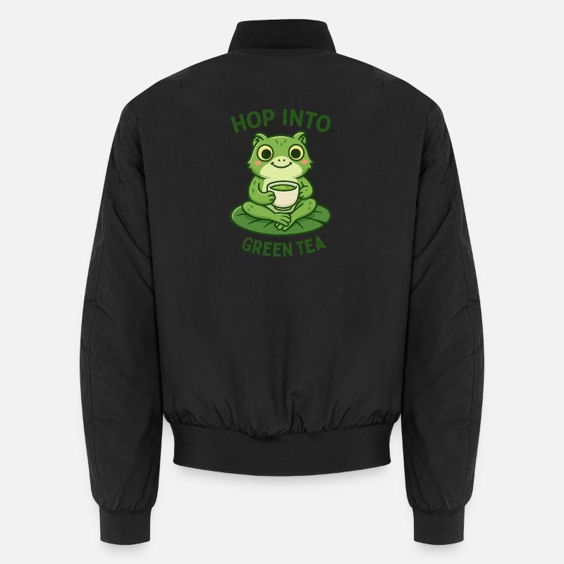 Green Frog Drinking Tea Animals Design - Unisex Bomber Jacket - black