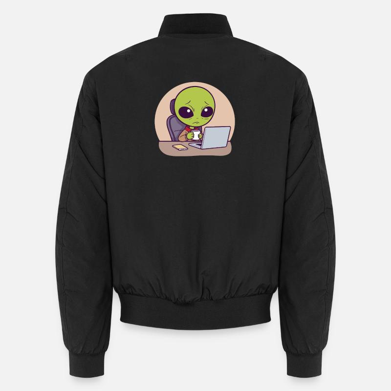 Stressed alien at desk with coffee Unisex Bomber Jacket