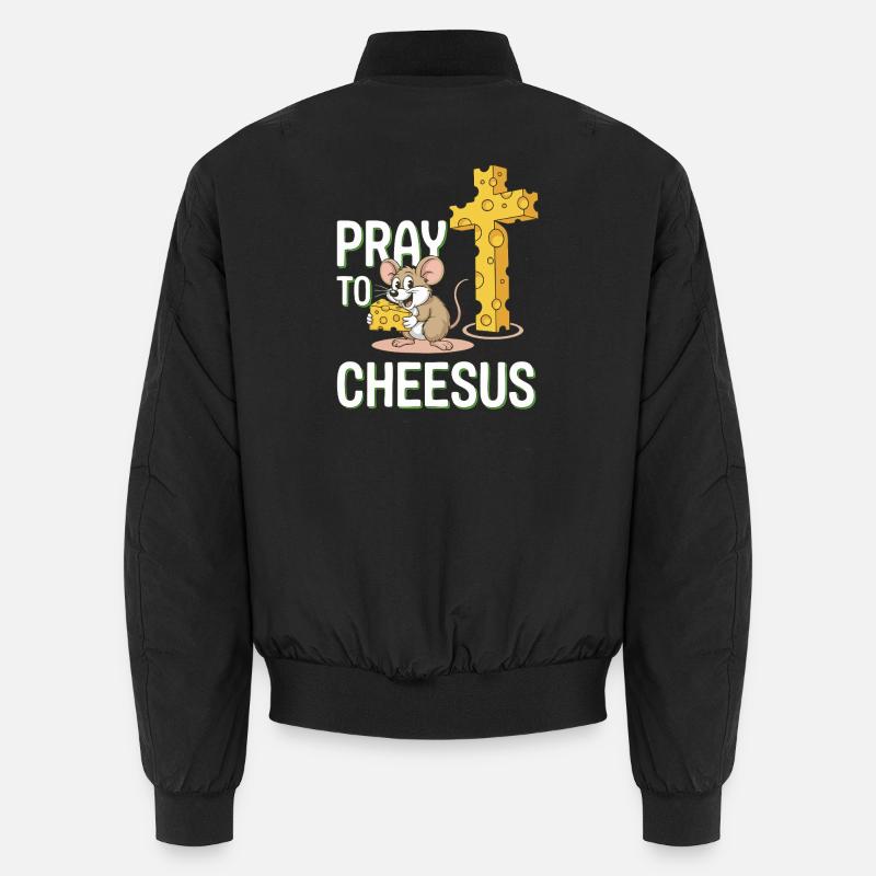Pray to Cheesus – Mouse & Cheese Cross Unisex Bomber Jacket