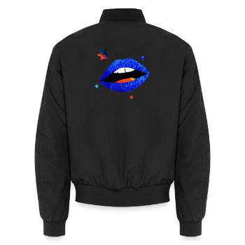 Elektrischer blauer Lippenpopp - Unisex Bomberjacke - Schwarz - Hinten - AI Model Male 185 light (185cm)