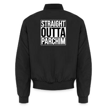 Straight Outta Parchim - Unisex Bomber Jacket - black - Back - AI Model Male 185 light (185cm)