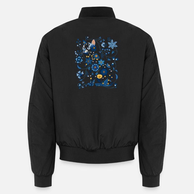 Azurblaue florale Katzensilhouette - Unisex Bomberjacke - Schwarz