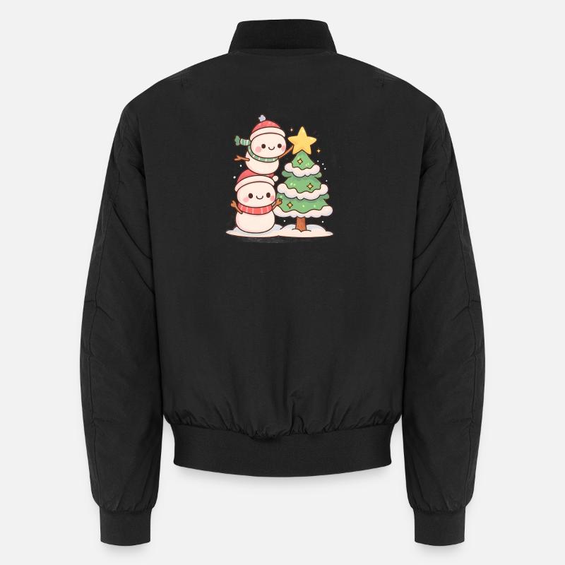 Verschneites Duo mit Tannenbaum, Schneemann - Unisex Bomberjacke - Schwarz
