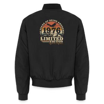 50th Birthday Gift Vintage 1976 Born - Unisex Bomber Jacket - black - Back - AI Model Male 185 light (185cm)