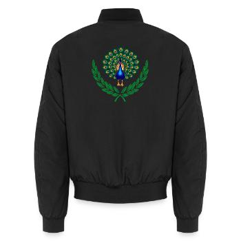 Peacock in Green Laurel Wreath - Unisex Bomber Jacket - black - Back - AI Model Male 185 light (185cm)
