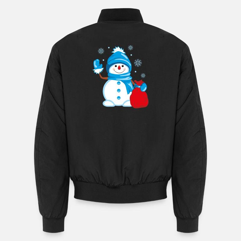 Schneemann mit einer Tasche voller Geschenke winkt Unisex Bomberjacke