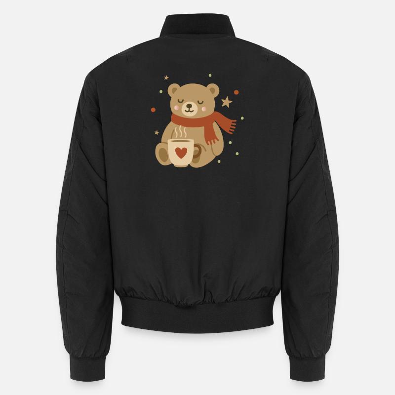 Cute Bear with Scarf & Warm Cup - Unisex Bomber Jacket - black