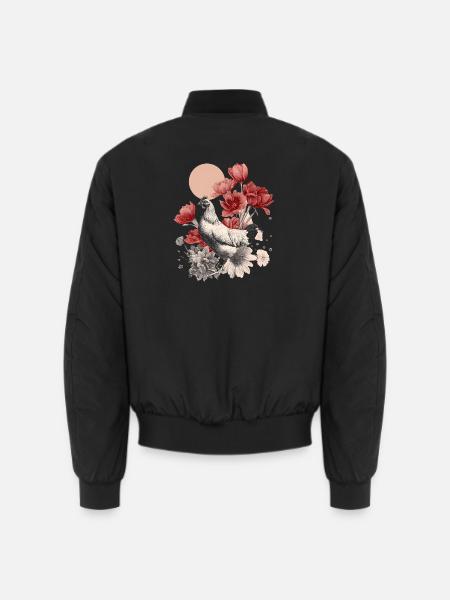 Vintage Huhn mit roten Blüten – Boho Illustration - Unisex Bomberjacke - Schwarz