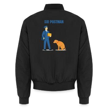 Sir Postman vs. Dog: Superior Delivery Hero - Unisex Bomber Jacket - black - Back - AI Model Male 185 light (185cm)