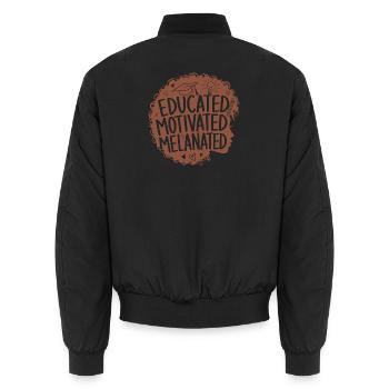 Educated Motivated Melanated Curly Hair Woman - Unisex Bomber Jacket - black - Back - AI Model Male 185 light (185cm)
