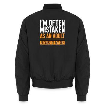 Oft fälschlicherweise mit einem Zitat aus erwachsenen Funny Age verwechselt - Unisex Bomberjacke - Schwarz - Hinten - AI Model Male 185 light (185cm)