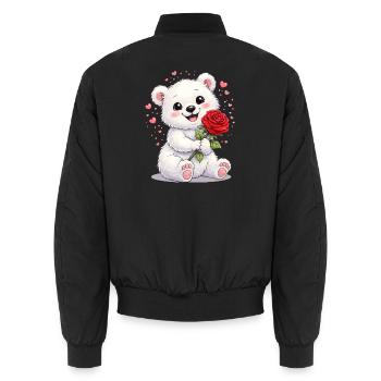 Süßer Bär mit Rose – Valentinstagsmotiv  - Unisex Bomberjacke - Schwarz - Hinten - AI Model Male 185 light (185cm)