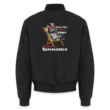 Zebra im Strandstuhl. Arbeit ist das nicht! - Unisex Bomberjacke - Schwarz - Hinten - AI Model Male 185 light (185cm)