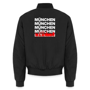 MUNICH SKYLINE, PROUD FROM BAVARIA! MIR SAN MUNICH - Unisex Bomber Jacket - black - Back - AI Model Male 185 light (185cm)