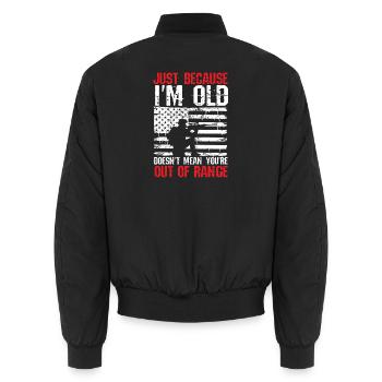 Old But Not Out Of Range - Unisex Bomberjacke - Schwarz - Hinten - AI Model Male 185 light (185cm)