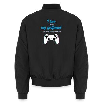 Gaming Love: Girlfriend Lets Me Play - Unisex Bomber Jacket - black - Back - AI Model Male 185 light (185cm)