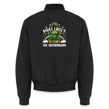 Am ehesten wird er mit den Streichen anfangen - Unisex Bomberjacke - Schwarz - Hinten - AI Model Male 185 light (185cm)