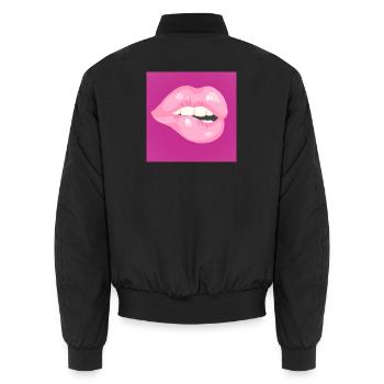 Morsure à lèvres rose brillant sur magenta - Bomber unisexe - noir - Dos - AI Model Male 185 light (185cm)