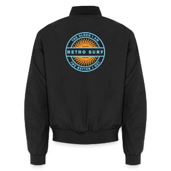 Retro Surf Sunburst Vintage Surfing Logo - Unisex Bomber Jacket - black - Back - AI Model Male 185 light (185cm)