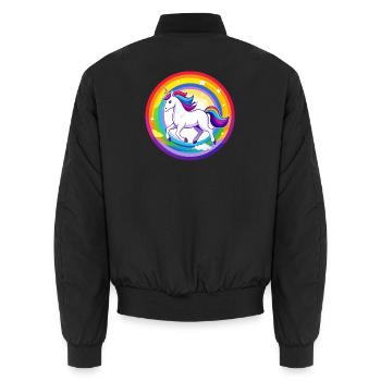 Einhorn fliegt über Regenbogen Himmel Motiv - Unisex Bomberjacke - Schwarz - Hinten - AI Model Male 185 light (185cm)