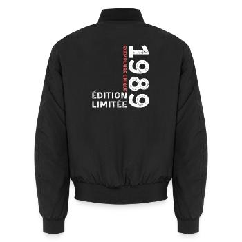 1989 vintage typographic style - Unisex Bomber Jacket - black - Back - AI Model Male 185 light (185cm)