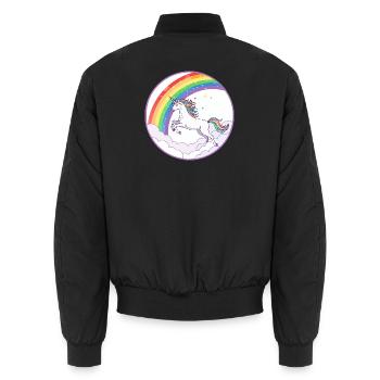 Rainbow Unicorn Over Clouds Hearts Motif - Unisex Bomber Jacket - black - Back - AI Model Male 185 light (185cm)