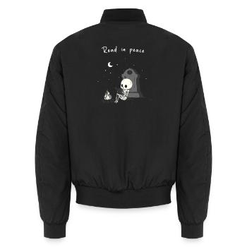 Read in Peace – Skeleton by the Fire - Unisex Bomber Jacket - black - Back - AI Model Male 185 light (185cm)