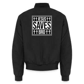 Jesus Saves Bro Lustig Religiös Spruch Glaube Logo - Unisex Bomberjacke - Schwarz - Hinten - AI Model Male 185 light (185cm)
