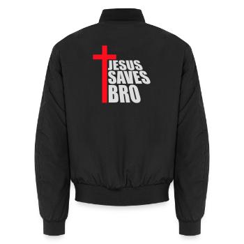 Jesus Saves Bro Lustig Religiös Spruch Glaube Logo - Unisex Bomberjacke - Schwarz - Hinten - AI Model Male 185 light (185cm)