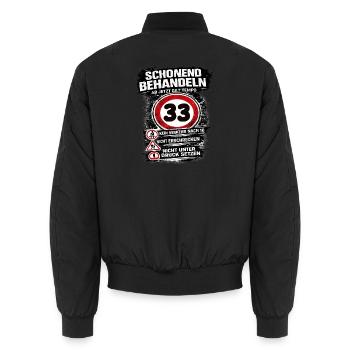 Schonend behandeln Verkehrsschild 33 Geburtstag - Unisex Bomberjacke - Schwarz - Hinten - AI Model Male 185 light (185cm)