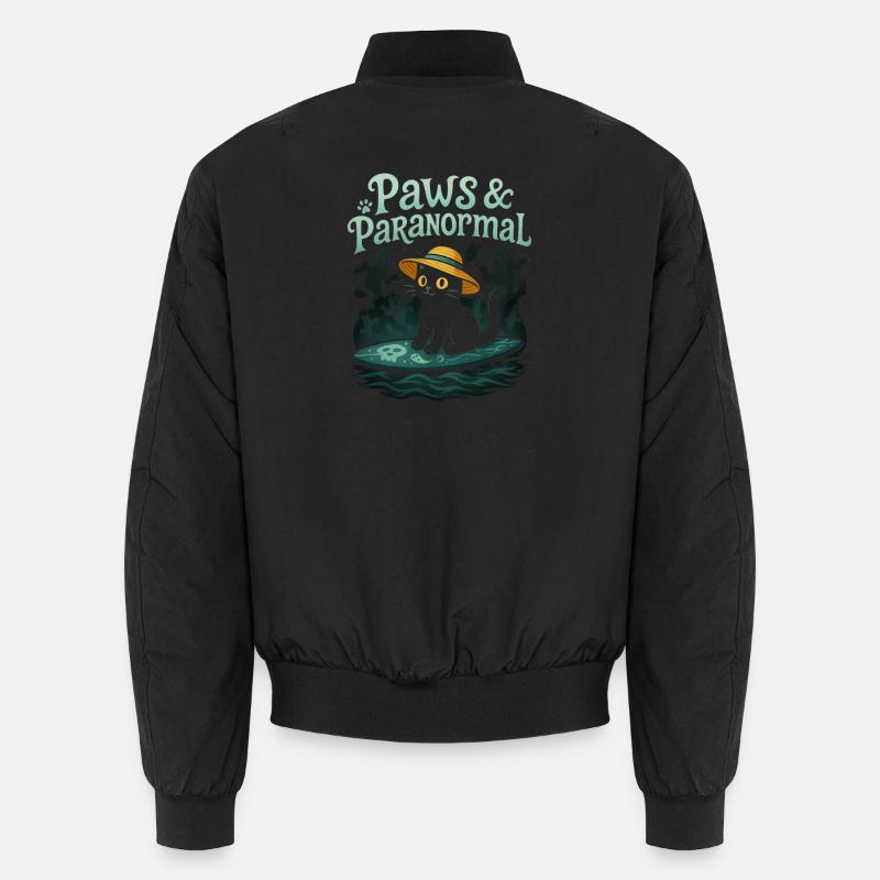 Paws & Paranormal: Black Cat Surfs with Ghost Unisex Bomber Jacket