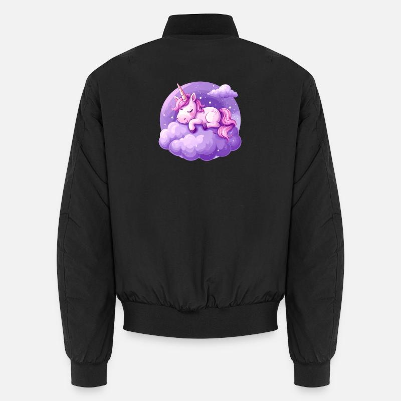 Rosa Einhorn schläft auf einer lila Wolke Unisex Bomberjacke