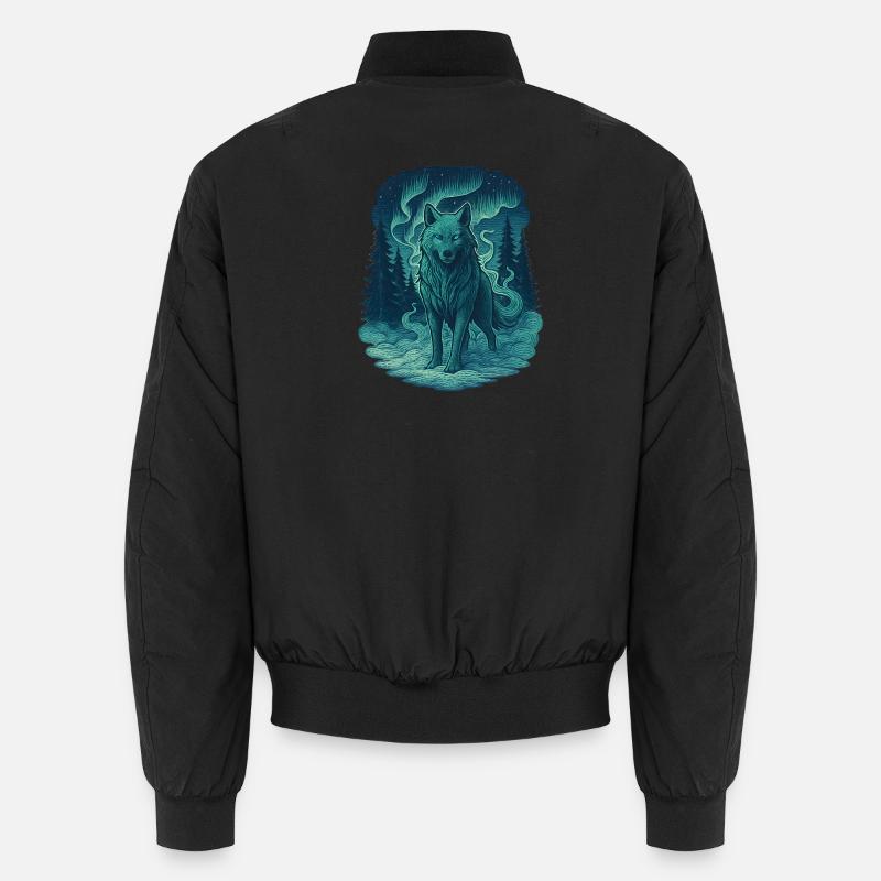 Nordlicht-Wolf im Wald Unisex Bomberjacke