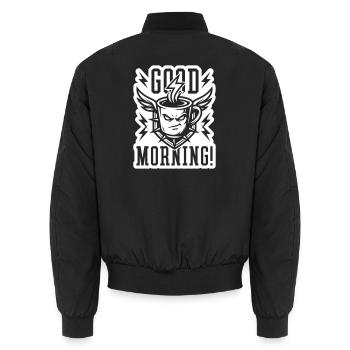 Good Morning Kaffeetasse Blitz Weiß - Unisex Bomberjacke - Schwarz - Hinten - AI Model Male 185 light (185cm)