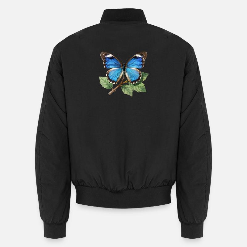 Blue Butterfly on Branch - Unisex Bomber Jacket - black