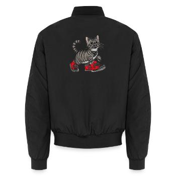 Cute Cat with Red Sneakers - uniq Design - Unisex Bomber Jacket - black - Back - AI Model Male 185 light (185cm)