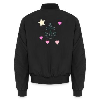 Pastellanker Doodle mit Herzen und Stern - Unisex Bomberjacke - Schwarz - Hinten - AI Model Male 185 light (185cm)