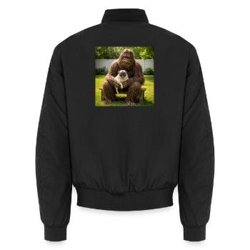Mops sitzt mit Bigfoot lustiger Hundeliebhaber - Unisex Bomberjacke - Schwarz - Hinten - AI Model Male 185 light (185cm)