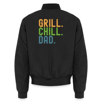 BBQ. Chill. Dad. Dads and crickets. - Unisex Bomber Jacket - black - Back - AI Model Male 185 light (185cm)